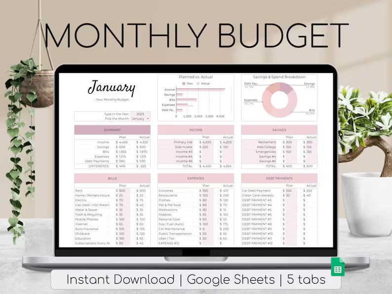 Monthly Budget Spreadsheet | Blush Pink Palette | Simple Annual Budget | Personal Finances | Easy Google Sheets | Financial Planner Easy